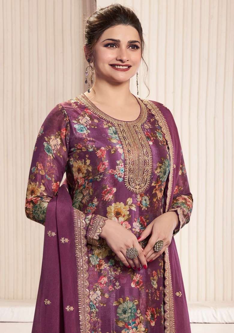 Purple Embroidered Silk Blend Salwar Kameez - Indya
