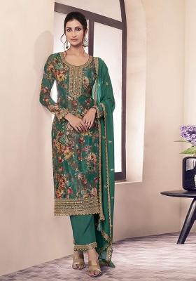 Green Embroidered Silk Blend Salwar Kameez