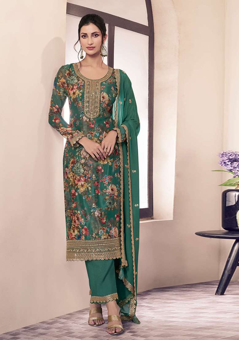 Green Embroidered Silk Blend Salwar Kameez - Indya