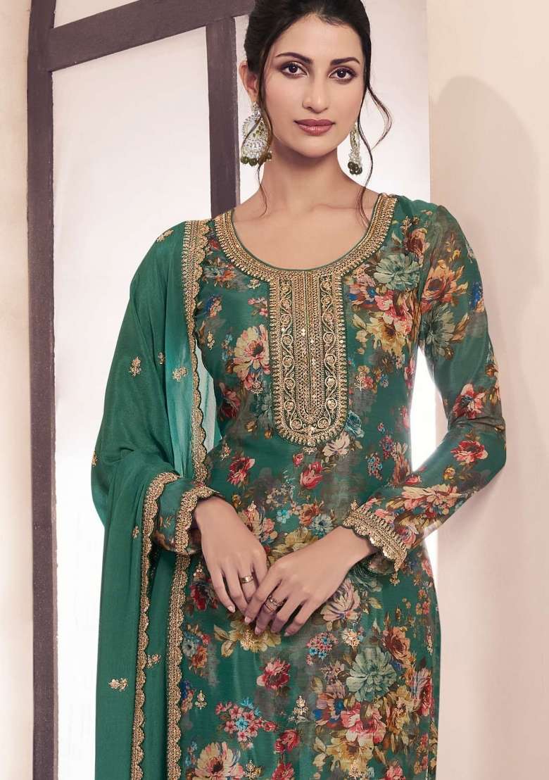 Green Embroidered Silk Blend Salwar Kameez - Indya