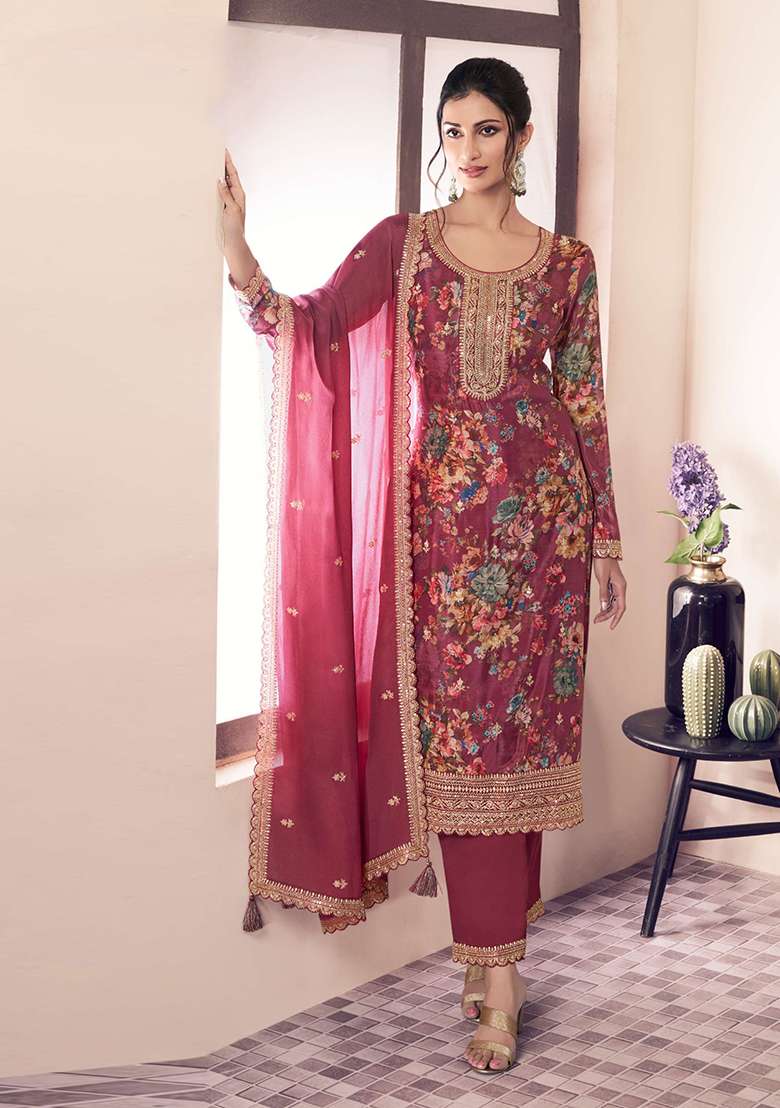Pink Embroidered Silk Blend Salwar Kameez - Indya