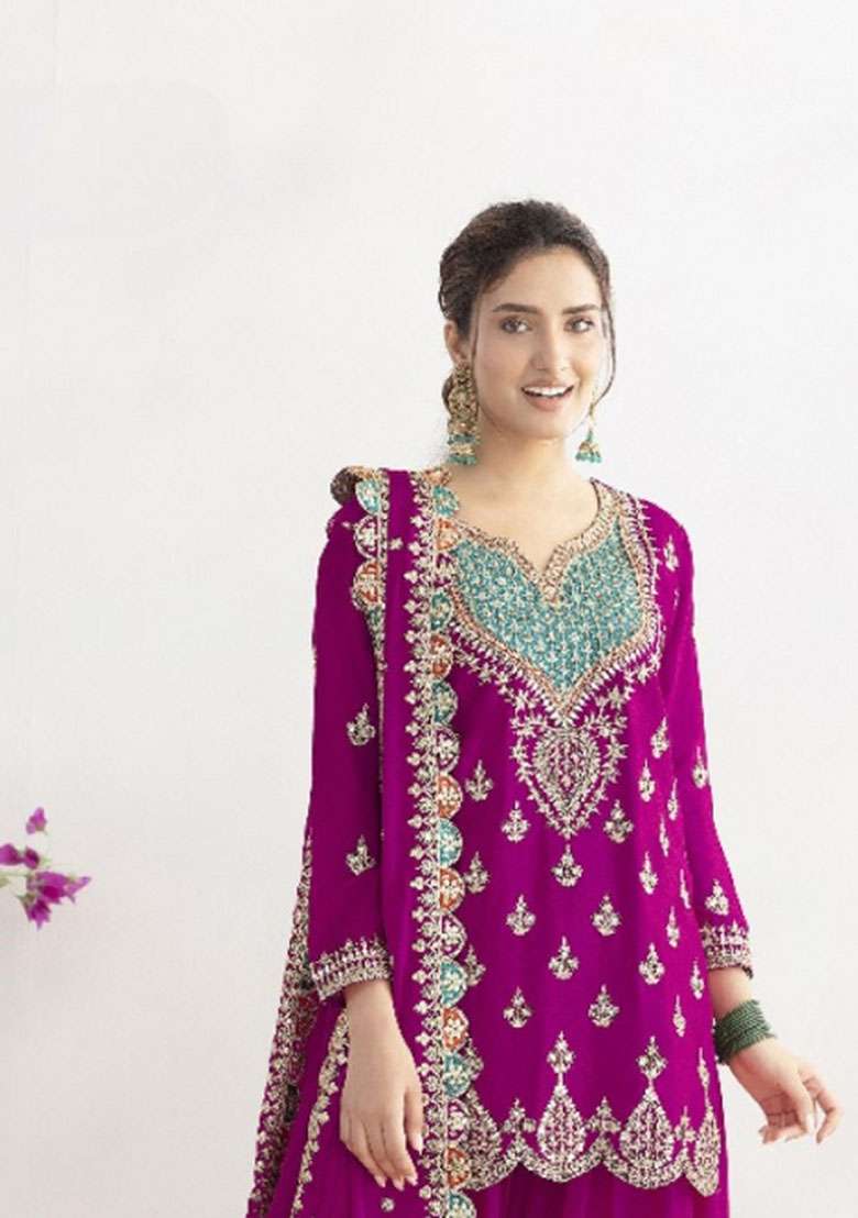 Purple Embroidered Silk Blend Salwar Kameez - Indya