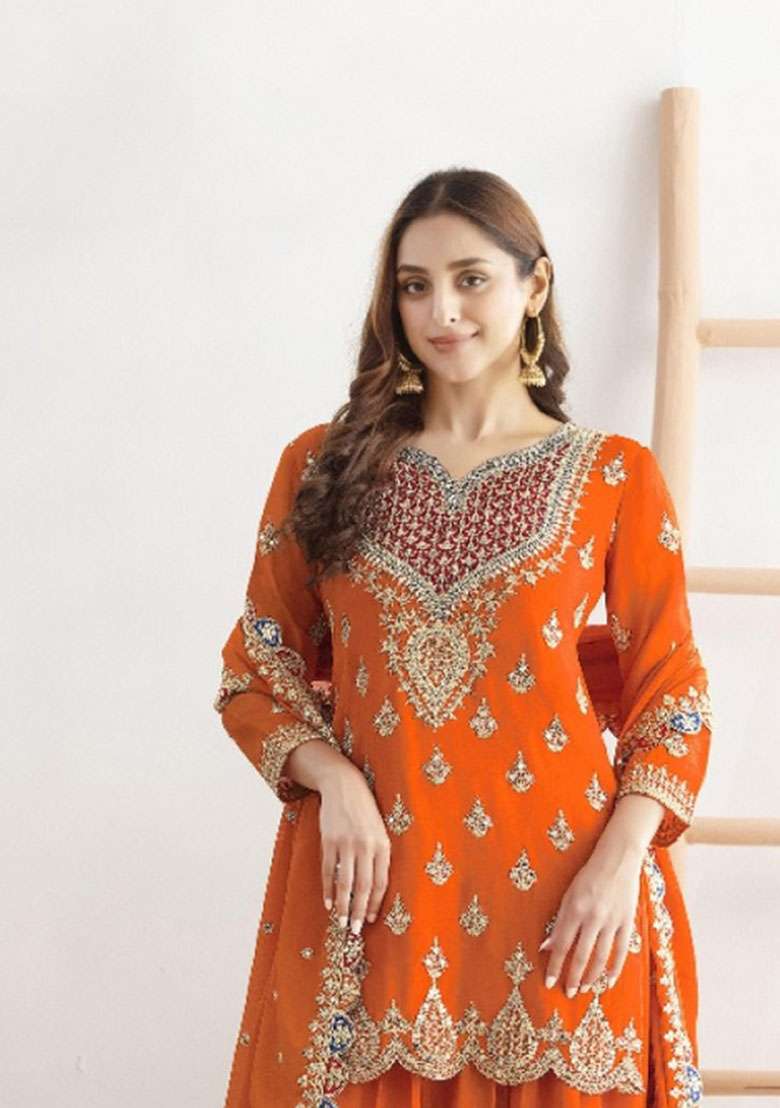 Orange Embroidered Silk Blend Salwar Kameez - Indya