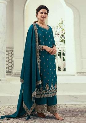 Teal Blue Embroidered Georgette Salwar Kameez