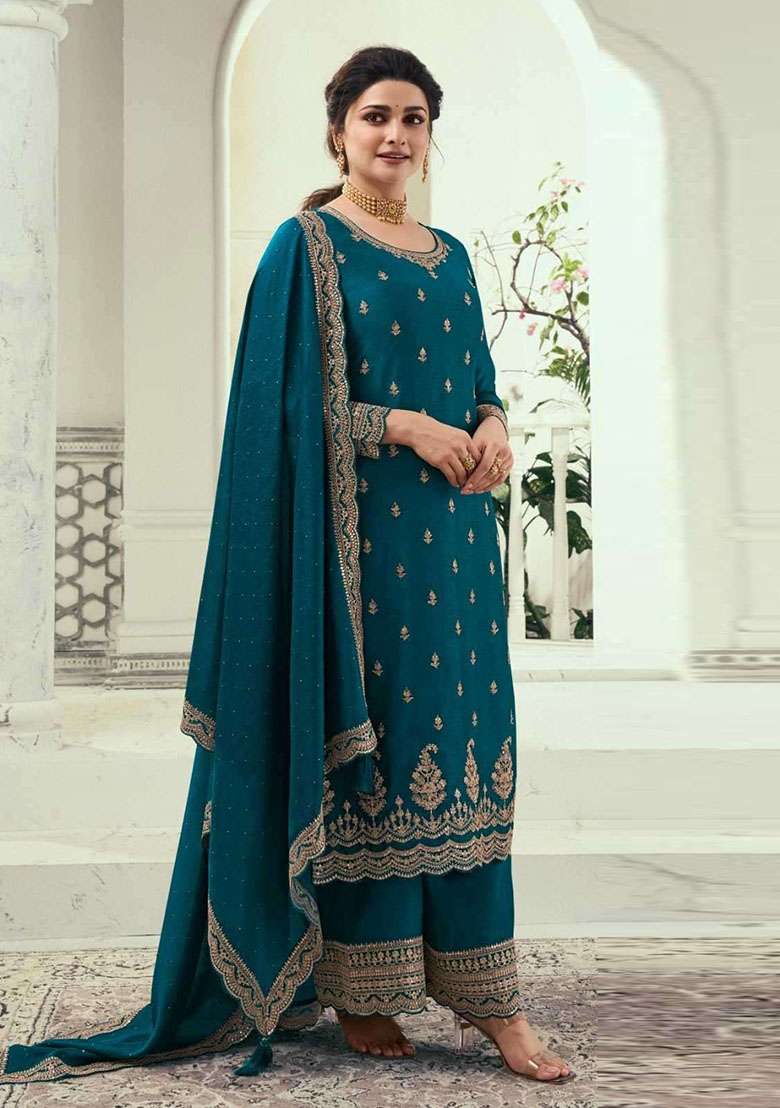 Teal Blue Embroidered Georgette Salwar Kameez - Indya