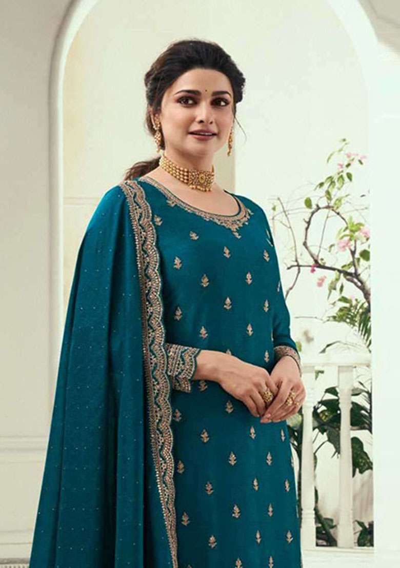 Teal Blue Embroidered Georgette Salwar Kameez - Indya