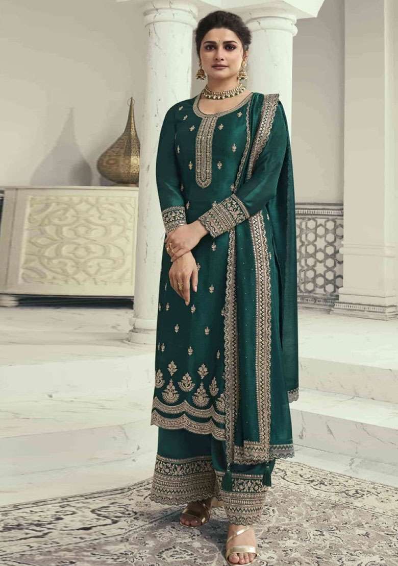 Teal Green Embroidered Georgette Salwar Kameez - Indya