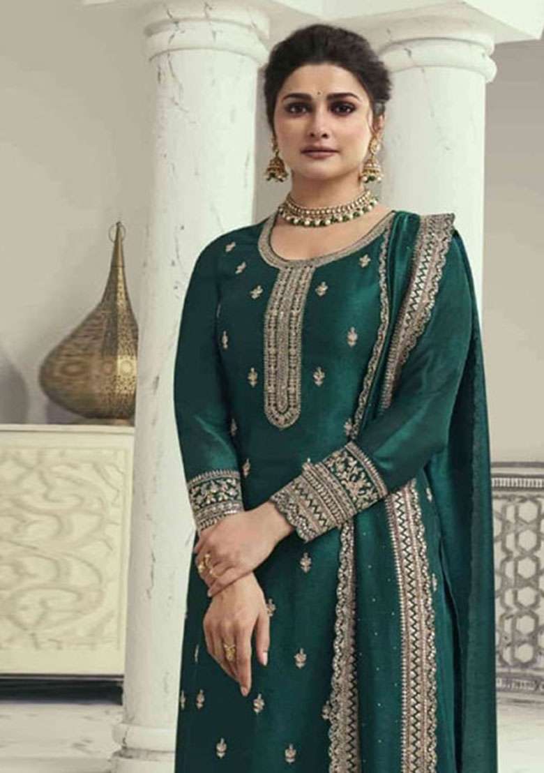 Teal Green Embroidered Georgette Salwar Kameez - Indya