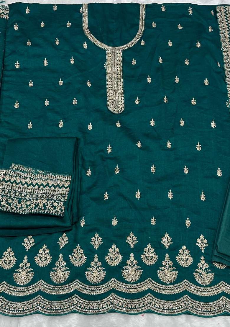 Teal Green Embroidered Georgette Salwar Kameez - Indya
