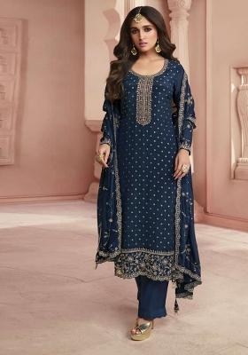 Navy Blue Embroidered Silk Salwar Kameez