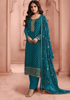 Turquoise Embroidered Silk Blend Salwar Kameez