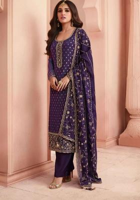 Royal Blue Embroidered Silk Blend Salwar Kameez