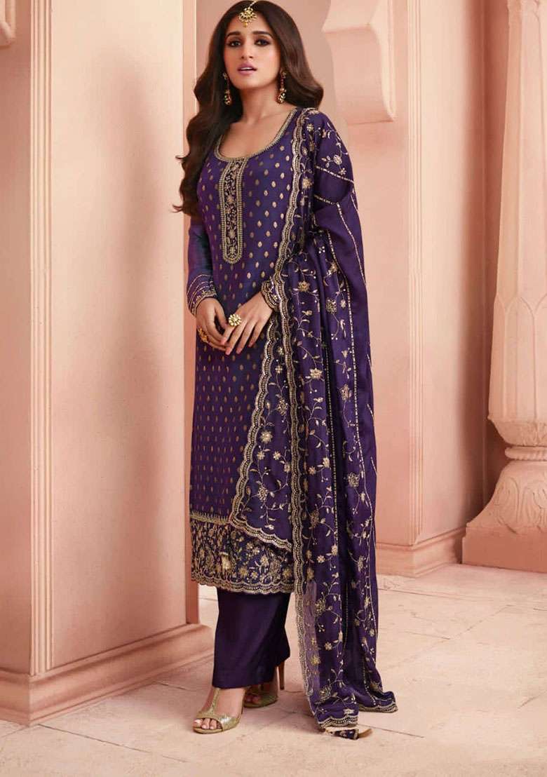 Royal Blue Embroidered Silk Blend Salwar Kameez - Indya