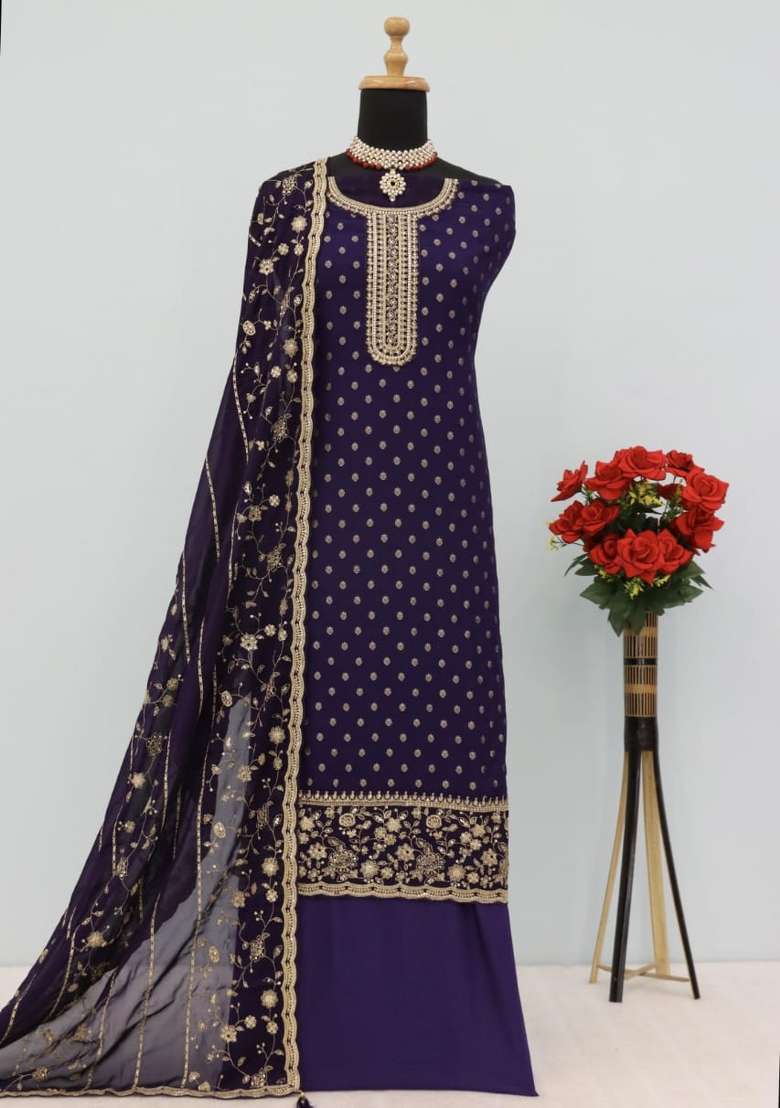 Royal Blue Embroidered Silk Blend Salwar Kameez - Indya