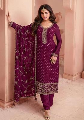 Purple Embroidered Silk Blend Salwar Kameez