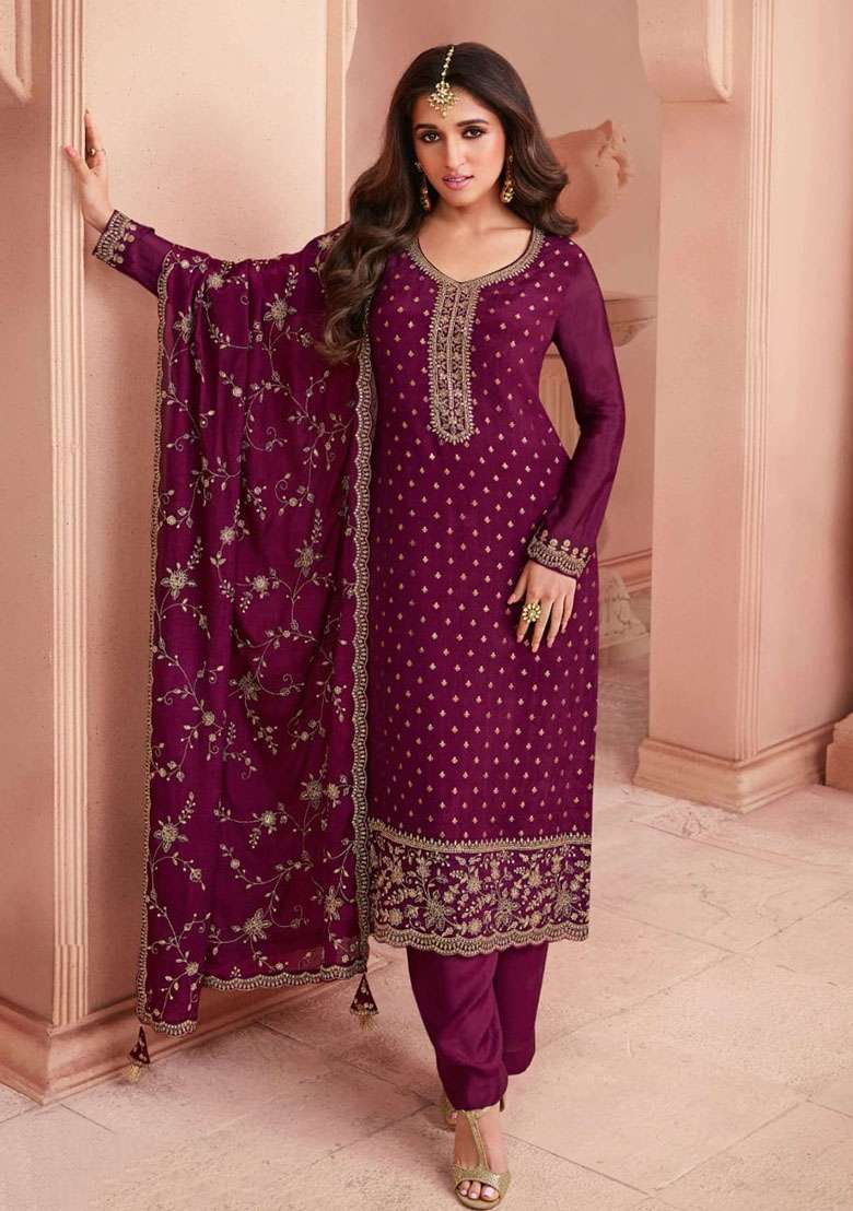 Purple Embroidered Silk Blend Salwar Kameez - Indya