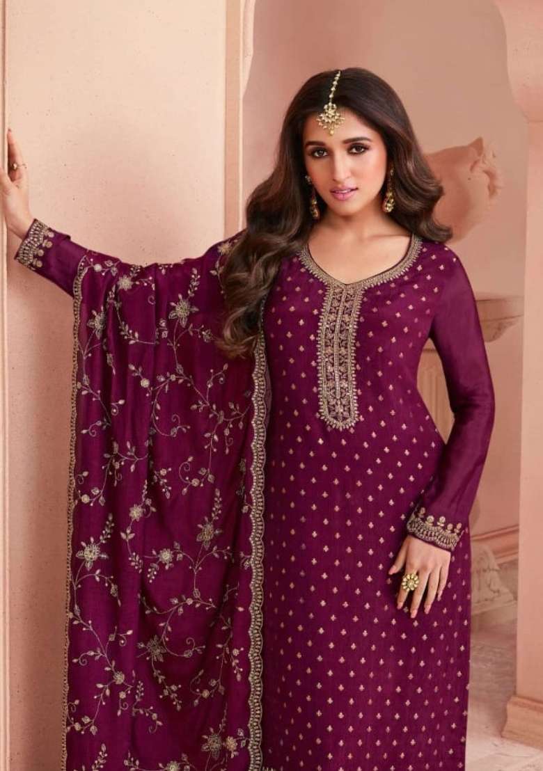 Purple Embroidered Silk Blend Salwar Kameez - Indya