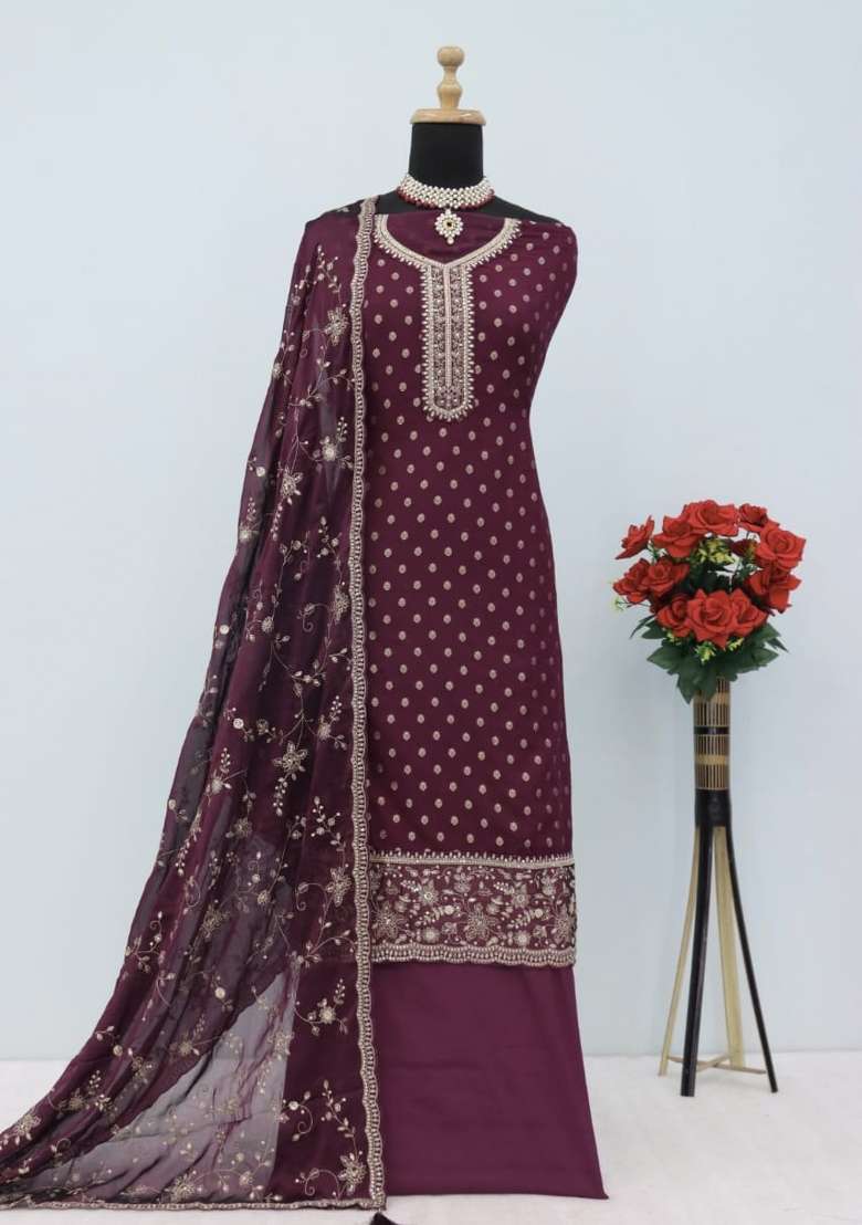 Purple Embroidered Silk Blend Salwar Kameez - Indya