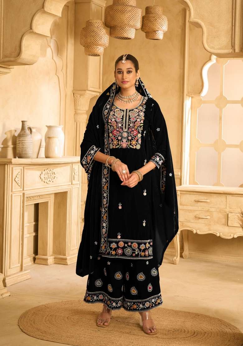 Black Embroidered Velvet Salwar Kameez - Indya