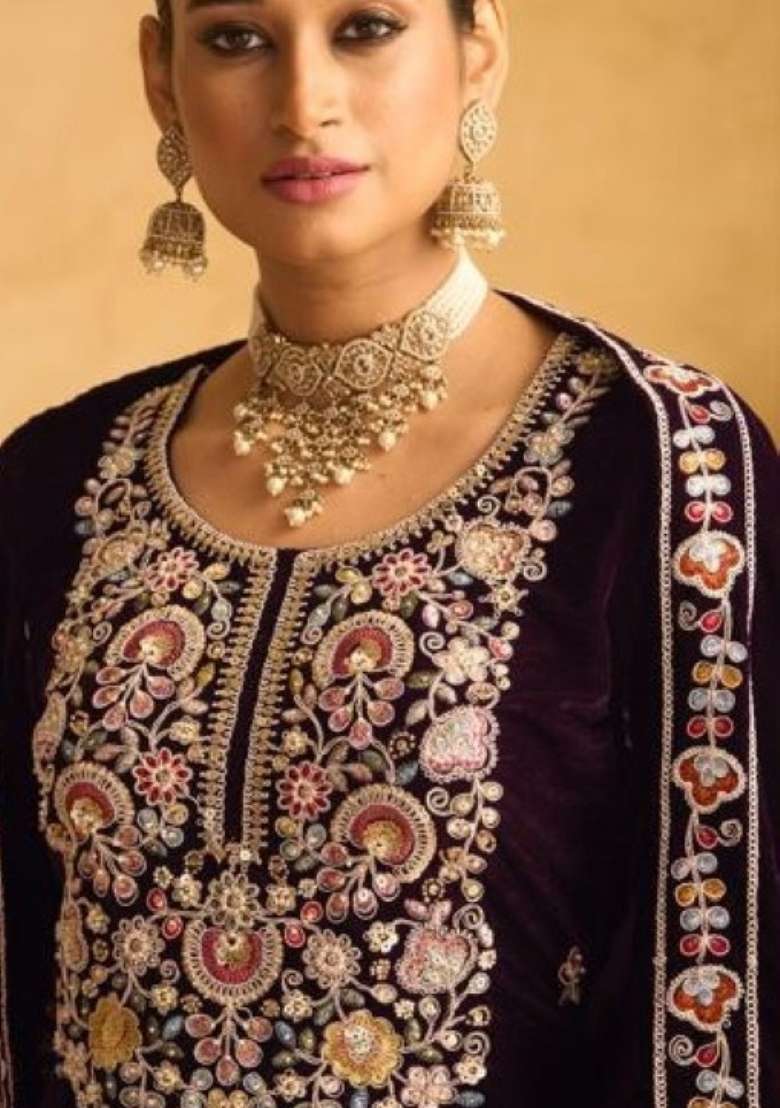 Dark Maroon Embroidered Velvet Salwar Kameez - Indya
