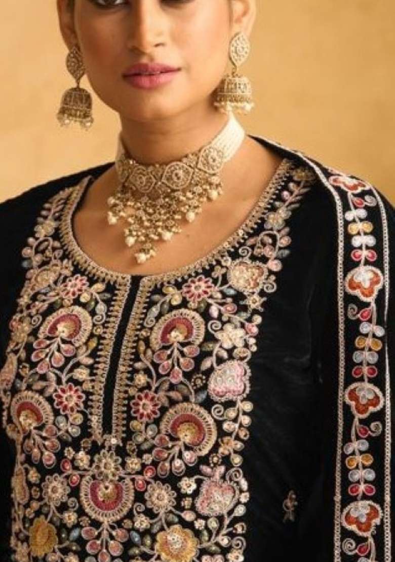 Black Embroidered Velvet Salwar Kameez - Indya