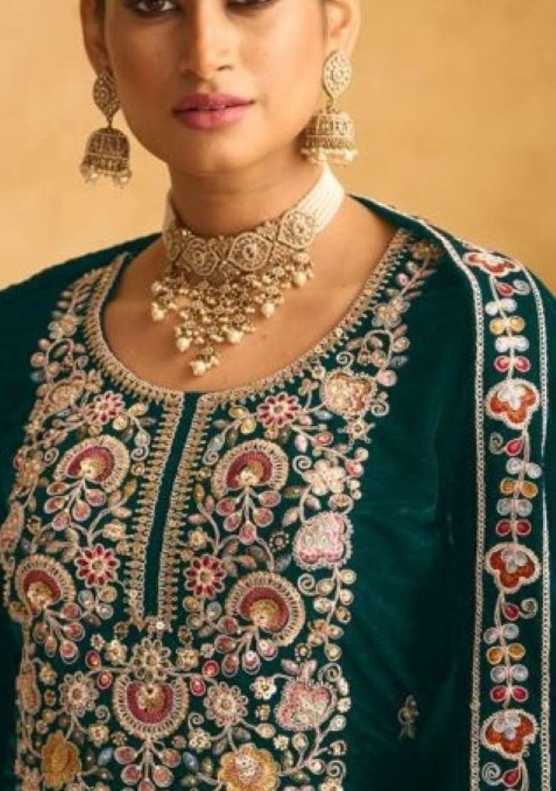 Dark Green Embroidered Velvet Salwar Kameez - Indya