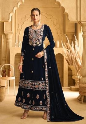 Dark Blue Embroidered Velvet Salwar Kameez