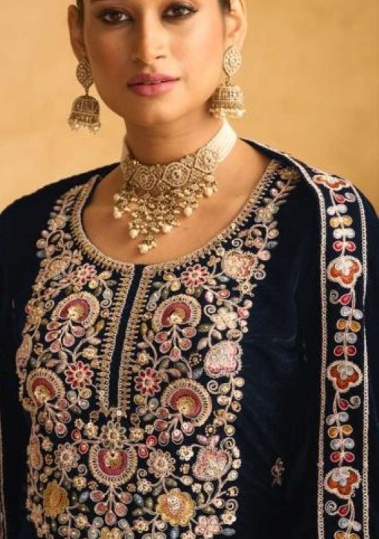 Dark Blue Embroidered Velvet Salwar Kameez - Indya
