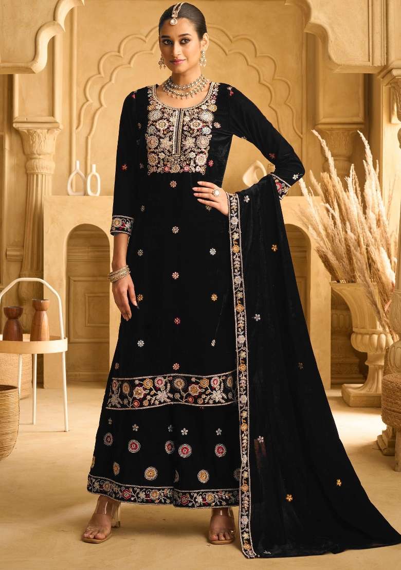 Black Embroidered Velvet Salwar Kameez - Indya
