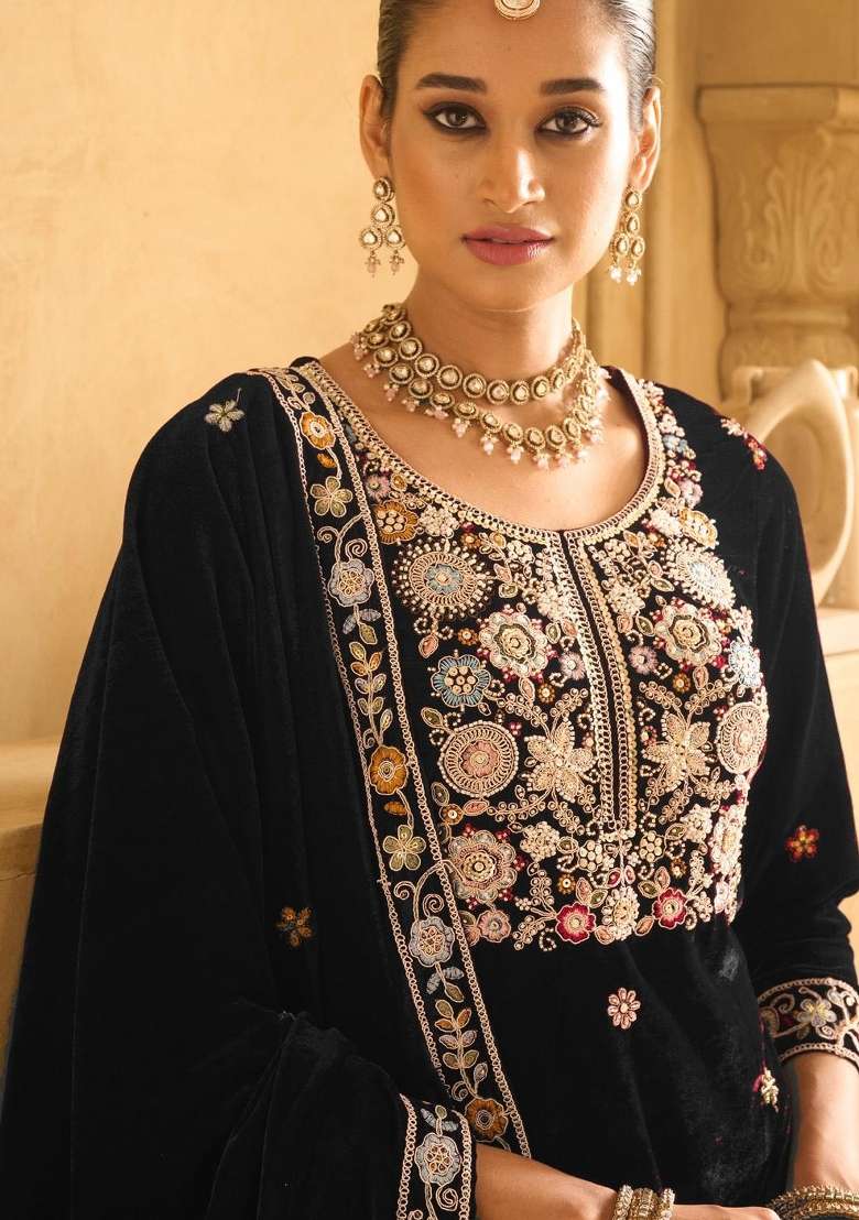 Black Embroidered Velvet Salwar Kameez - Indya