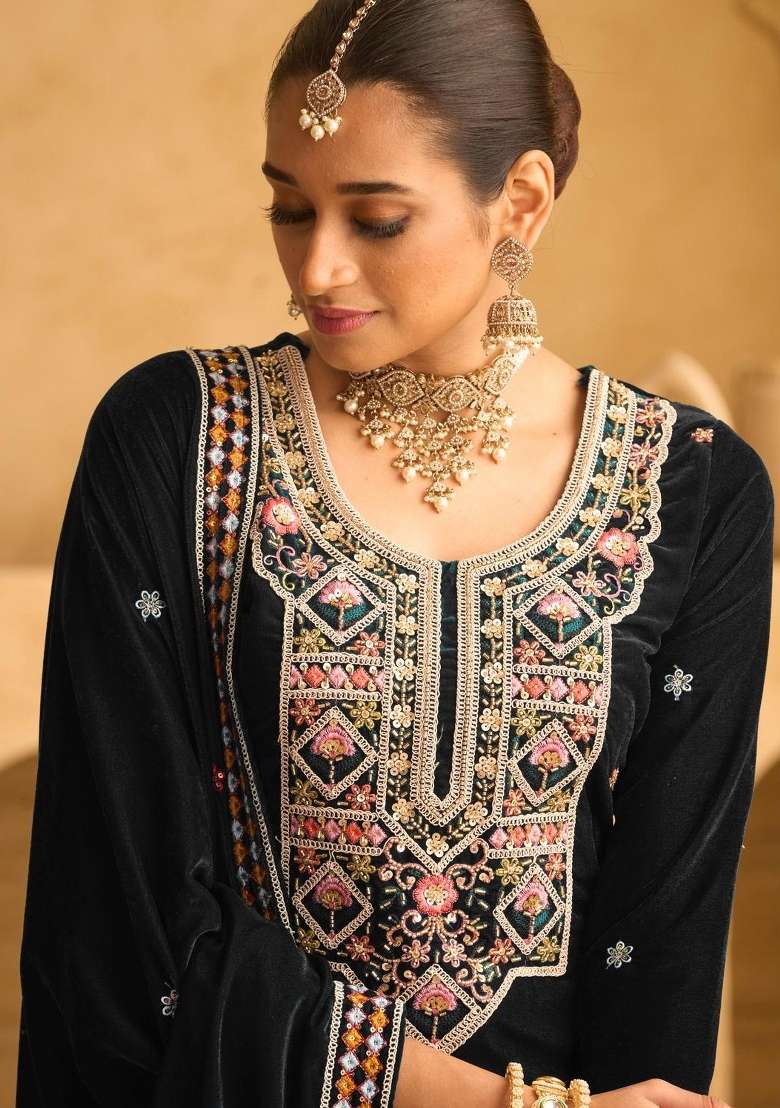 Dark Blue Embroidered Velvet Salwar Kameez - Indya