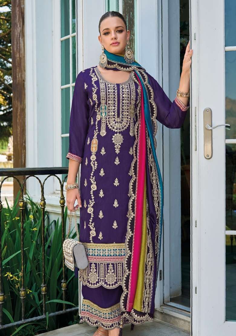 Purple Embroidered Silk Blend Salwar Kameez - Indya