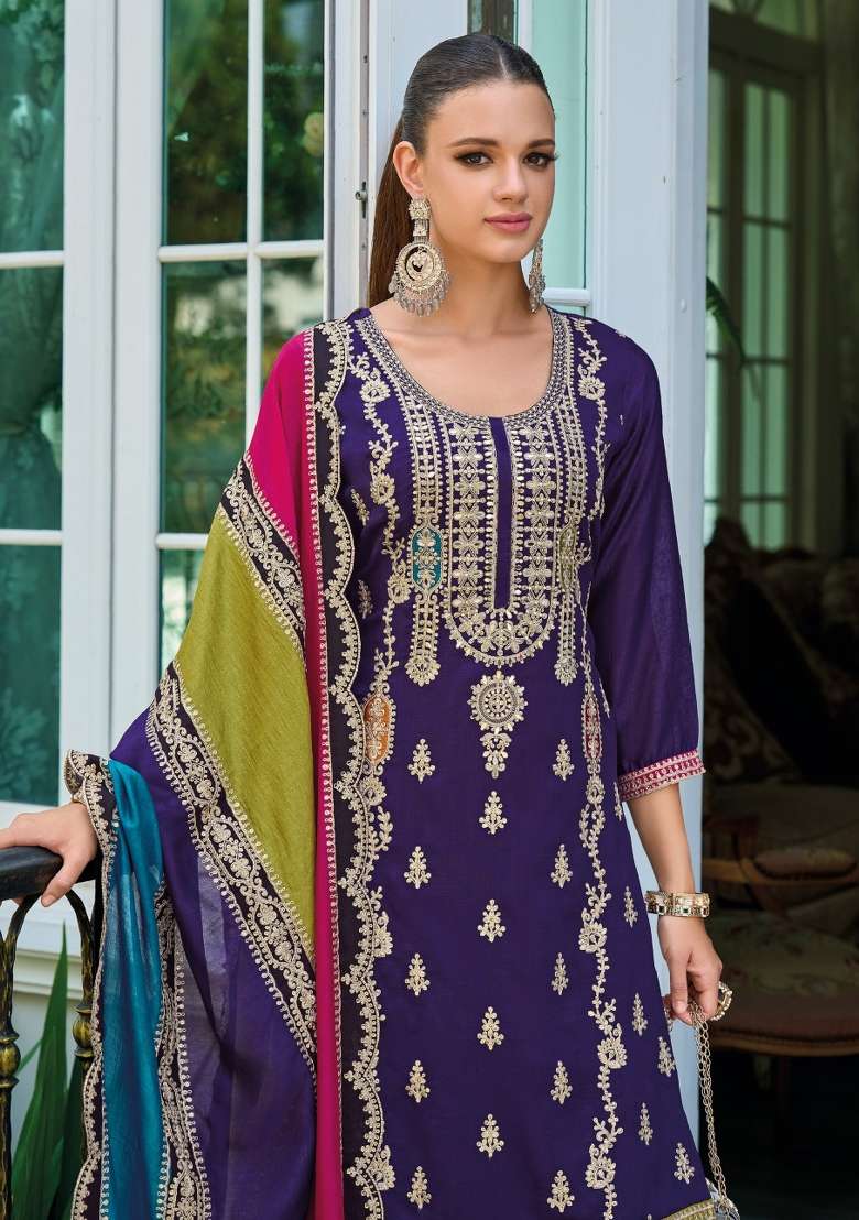 Purple Embroidered Silk Blend Salwar Kameez - Indya