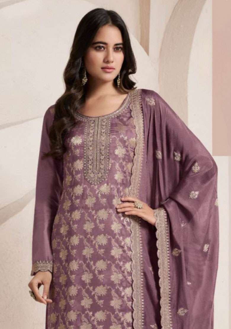 Purple Sequin Work Viscose Salwar Kameez - Indya