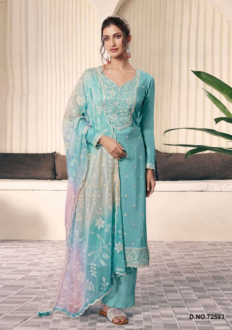 Sky Blue Embroidered Silk Salwar Kameez - Indya