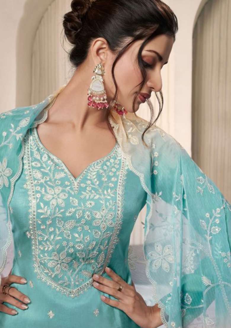 Sky Blue Embroidered Silk Salwar Kameez - Indya