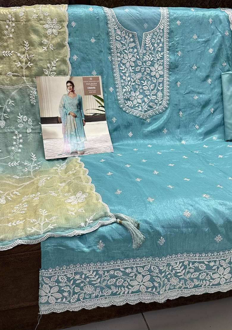 Sky Blue Embroidered Silk Salwar Kameez - Indya