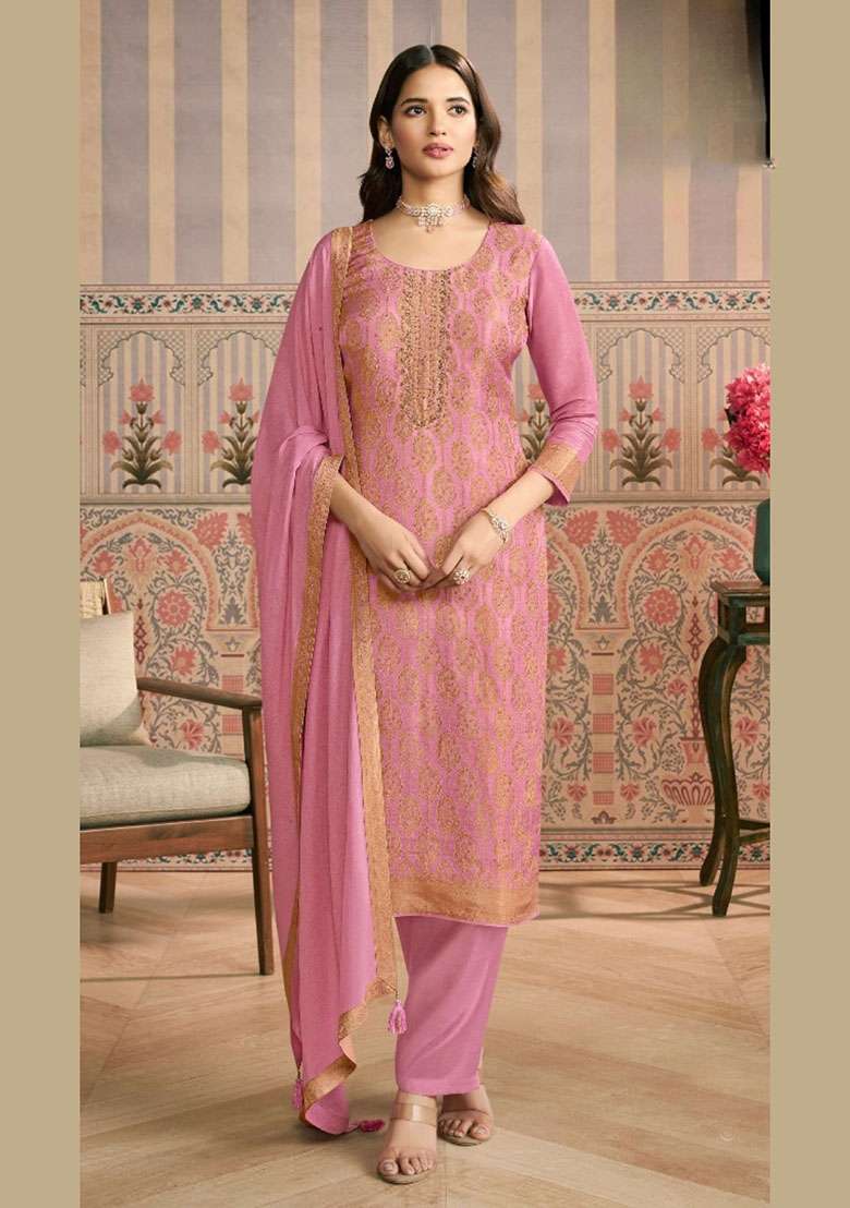 Pink Jacquard Viscose Salwar Kameez - Indya