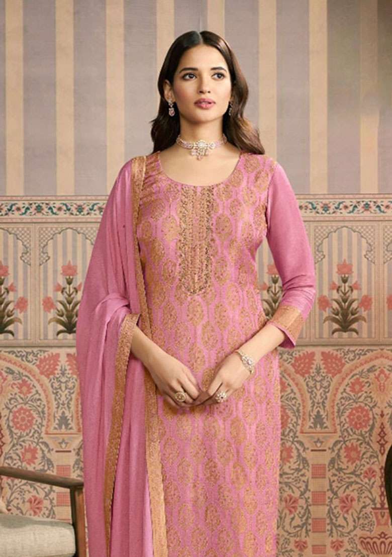 Pink Jacquard Viscose Salwar Kameez - Indya
