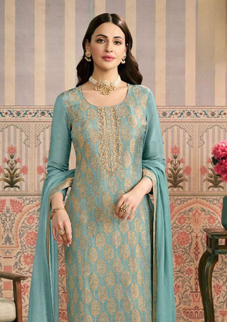 Sky Blue Jacquard Viscose Salwar Kameez - Indya