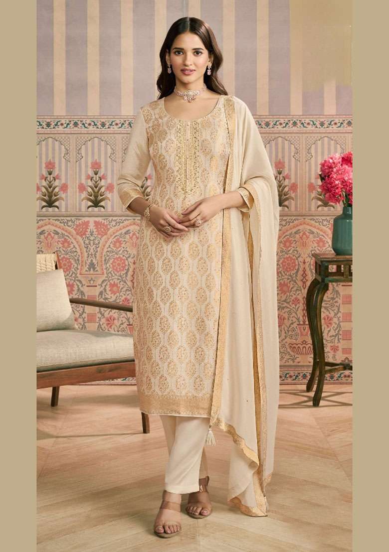 Beige Jacquard Viscose Salwar Kameez - Indya