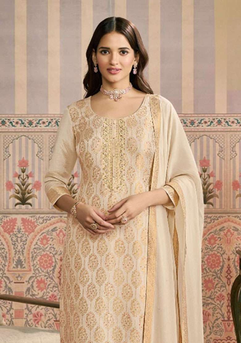 Beige Jacquard Viscose Salwar Kameez - Indya