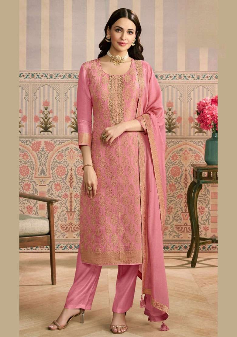 Peach Jacquard Viscose Salwar Kameez - Indya