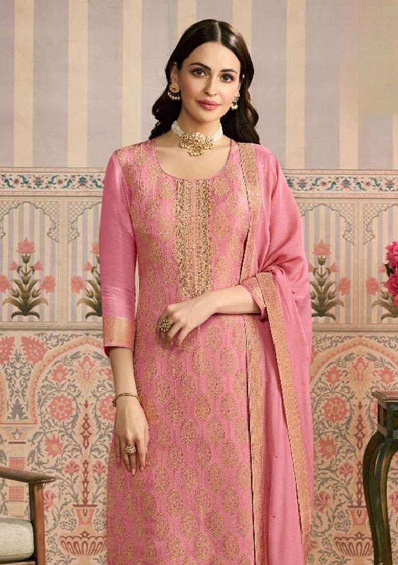 Peach Jacquard Viscose Salwar Kameez - Indya