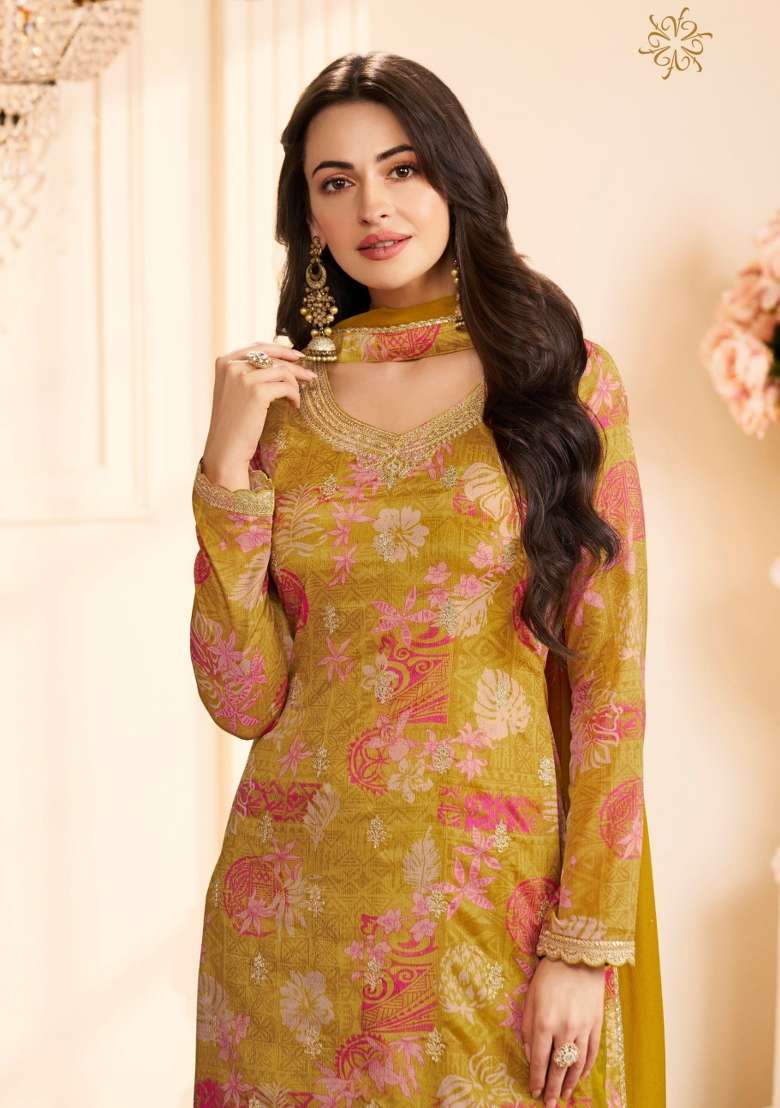 Mustard Printed Silk Blend Salwar Kameez - Indya
