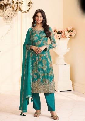 Teal Green Printed Silk Salwar Kameez