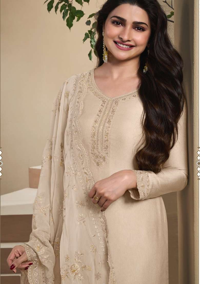 Beige Embroidered Crepe Salwar Kameez - Indya