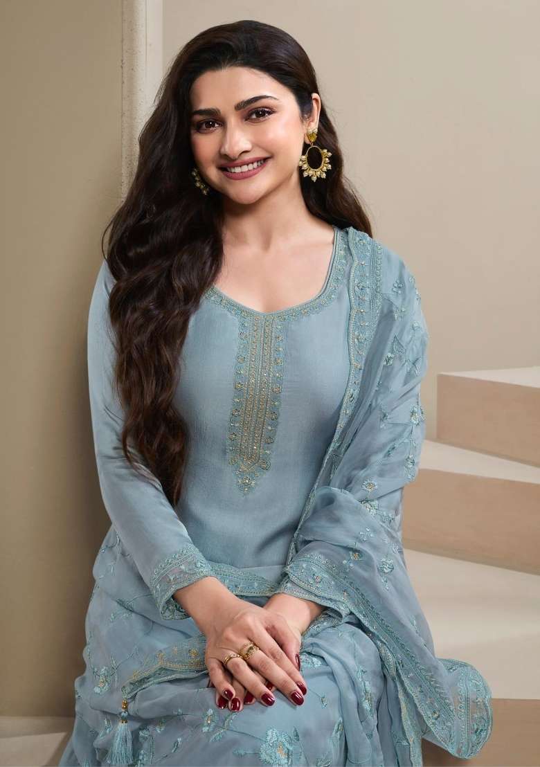 Blue Embroidered Crepe Salwar Kameez - Indya