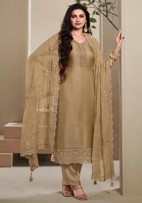 Brown Embroidered Crepe Salwar Kameez