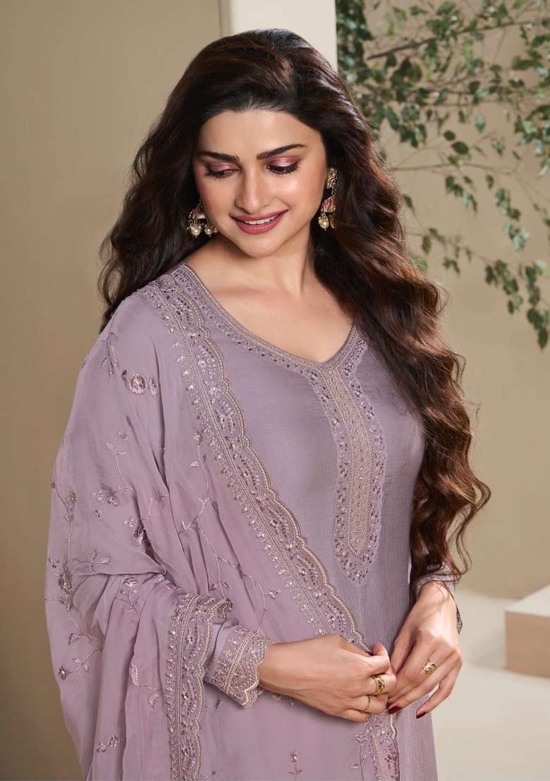 Purple Embroidered Crepe Salwar Kameez - Indya